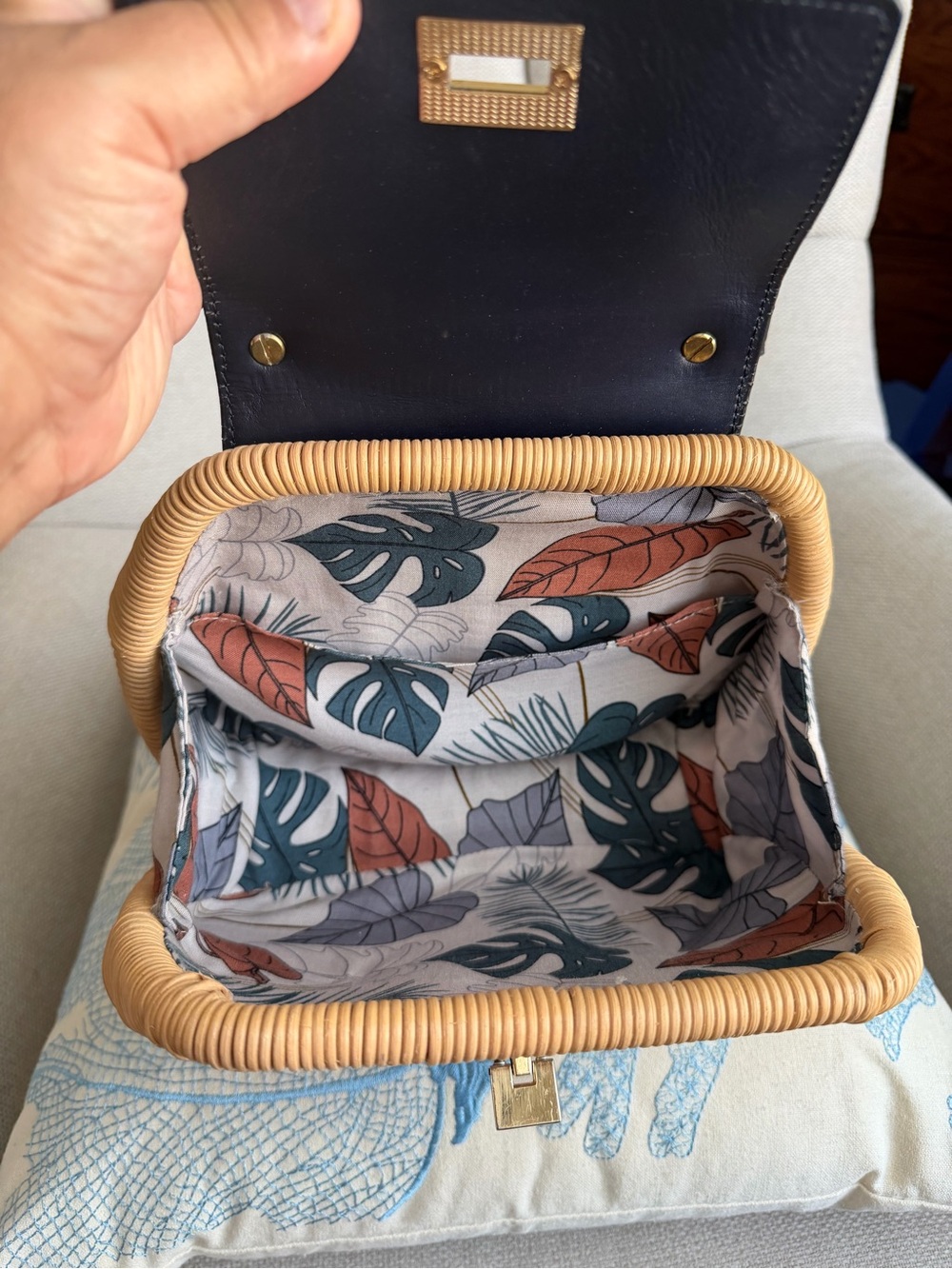 Woven Rattan Crossbody Bag with Blue Leather like Flap - Picture 5 of 8